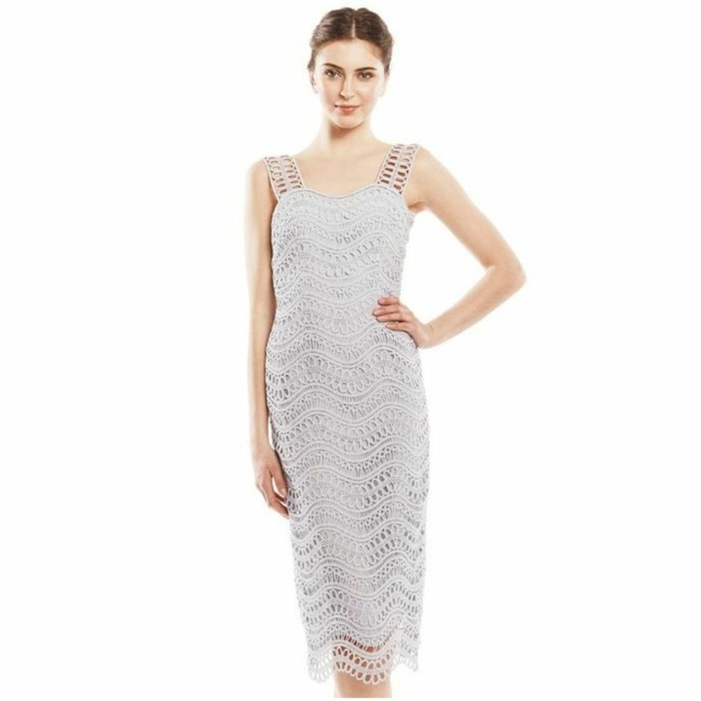 Lela Rose Wave Guipure Lace Sheath Dress in Ice Blue Size 2